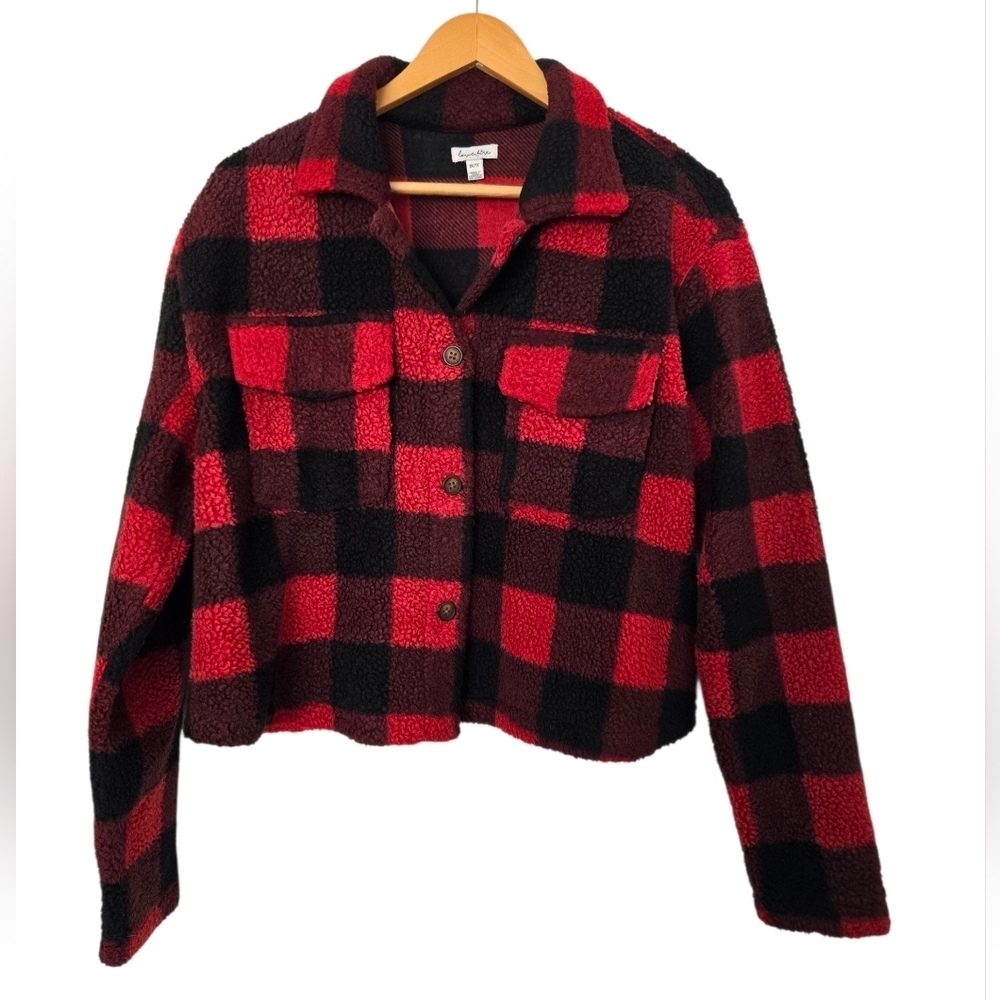 Love Fire Red and Black Plaid Cropped Teddy Jacket Size 1X
